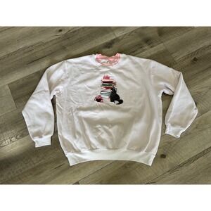 Morning Sun White Embroidered Cat and Books Sweatshirt Pink Double Collar XL